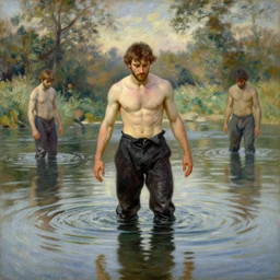 handsome philospher wading through a river, reflective water,!!! pants!!! painting by tom of finland, gaston bussiere, craig mullins, j. c. leyendecker, claude monet