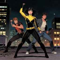 in the style of joshua middleton and belen ortega, elektra marvel comics on a rooftop, action pose, night time