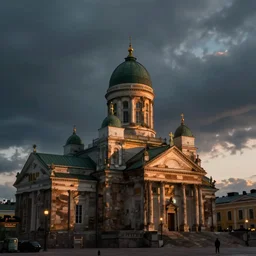 highly quality post apocalyptic concept art of Helsinki tuomiokirkko at dusk