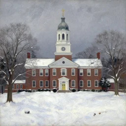williams college in williamstown mass. on a winter day with snow and wind storm in oil victorian painting style