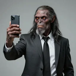 neanderthal nowadays in a suit taking a selfie, realistic, sharp focus