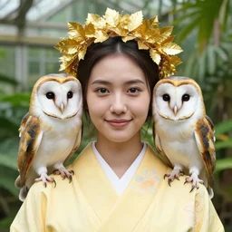 symetry!. portrait photograph of an extremely beautiful!!!! young female, symmetric face!, symmetric round detailed eyes!!, slight smile, natural light, wearing a yellow kimono!! with a very detailed barn owl! on her shoulder in a tropical greenhouse. shallow focus. looking at the camera!!. golden crown made of golden leaves. super resolution. extremely detailed sharp face.