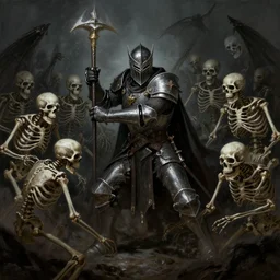 A dark fantasy painting of a paladin fighting off a horde of skeletons. Deviantart. Trending. High Contrast.
