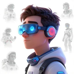 pixar character white background side view future coder man, stylized cyclops display over eyes and sleek glowing headset, neon accents, holographic colors, desaturated headshot portrait digital painting by leyendecker, donato giancola, philip coles, ivan bilibin, john berkey, astronaut cyberpunk electric lights profile