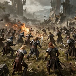 3d render of a cinematic shot of a fantasy battlefield with a dense fierce battle, realistic, unreal, craig mullins, alex boyd, lord of the rings, game of thrones, dark souls, artstation, warhammer