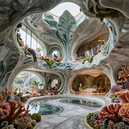 highly detailed ultra sharp 3 d coral villa interior cinematic composition of a smooth ceramic porcelain biomorphic magnolia leaves stone nebula fluid fractal sci - fi surreal architecture landscape, granite, metallic, marble, moss, lichen, vincent callebaut composition, mamou - mani, archviz, beautiful lighting, 8 k, unreal engine, hdr,