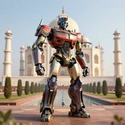 transformers robot standing near taj mahal, octane render, volumetric lighting, art by furio tedeschi, hyper detailed