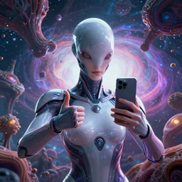 offset portrait. thumbs up to the camera. smartphone photo. instagram. interdimensional cosmic traveler takes a selfie in front of a bizarre exotic anomaly. futuristic alien smooth exosuit designed by. octane cg render, hdr, volumetric. artgerm, beeple. dean ellis, david a. hardy, paul lehr