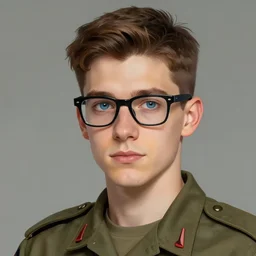 Young man with blue eyes and brown hair, wearing black glasses, wearing a military uniform, by Greg Rutkowski, matte painting, trending on artstation