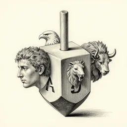 dreidel with four heads. one human head, second eagle head, third lion head, fourth ox head. drawn by francis bacon