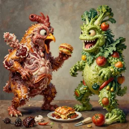 a high detailed painting of a monster made of meat, chicken and junk food fighting with a monster made of vegetables and fruits, surrealism, magic realism bizarre art