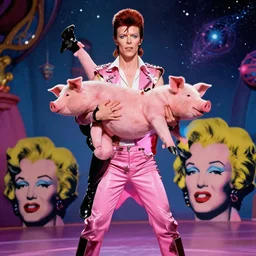 david bowie giving a piggy back ride to ziggy stardust. glam rock. cosmic. psychedelic. disney. andy warhol ghibli studio.