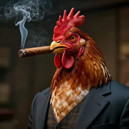 a chicken wearing a suit smoking a cigar, dramatic lighting, cinematic, establishing shot, extremly high detail, photorealistic, cinematic lighting, artstation, style by James Gurney