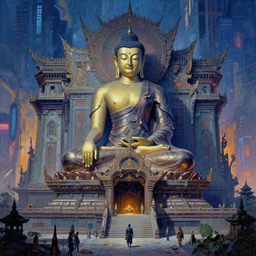 temple, cyberpunk, buddhism, painting by greg rutkowski, j. c. leyendecker, artgerm