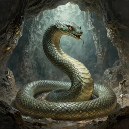 the great divine serpent in a giant cave, concept art, trending on artstation, wlop, ross draws, digital painting, mixed media, intricate details, volumetric lighting