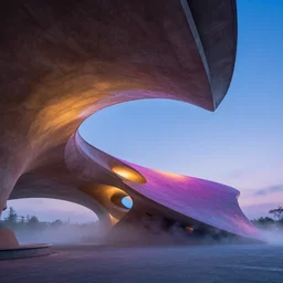 sculptural curved roof planes lift and descend creating shade and architectural expression, boolean subtraction dramatic void form, highly detailed, vivid color, mist, dusk