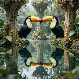 lake with hexagonal columns and a toucan inside a mirror, mirror image, cinematic, filmic, wildlife photography, x - ray, ray tracing reflections, insanely detailed and intricate, hypermaximalist, elegant, ornate, hyper realistic, super detailed