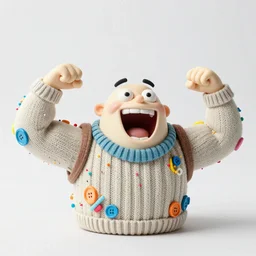 a goofy silly hilarious character a goofy muscle-flexing character laughing wildly simple character that is also made of frosting and decorations, sprinkles, sweaters, macrame, felting, fabrics, buttons and pipe cleaner wide angle uncropped