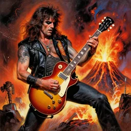 john goodman shredding on a gibson les paul, painting by frank frazetta, heavy metal artwork, bad motherfucker playing a face - melting solo while a volcano erupts, high intensity