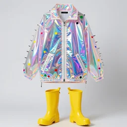 a transparent hologram oversized jacket inspired by jawbreaker candy, cyberpunk, vaporwave mall aesthetic, dots, netting, spikes, fashionable, trendy, colorful, high end fashion, large yellow rain boots