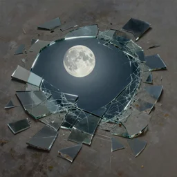 a broken mirror, many pieces, cracked, broken, many shards, lying on the ground, reflection of the moon, very detailed, digital painting, oil painting, moonlight, hyperrealistic, highly detailed, beautiful, artstation, cgsociety