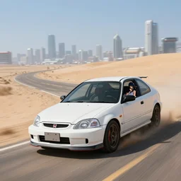 photograph of a cell-shaded Honda EK9 Type-R with an anime girl, speeding on a desert road with a futuristic city in the horizon, kicking up dirt, action shot, one point perspective, 1-point perspective, tilt shift, sigma 85mm f/1.4, 4k, depth of field, high resolution, 4k, 8k, hd, full color