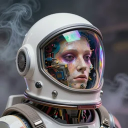 a biomechanical head inside a futuristic space helmet, vintage transistors, white plastic, iridescent visor, nebulous gas background, vibrant, emotional, art by Petros Afshar