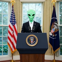 Alien president of the USA gives a speech from the Oval Office.