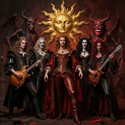 musicians collide with the multidimensional, sun god, death god, hell, smile, monster teeth covered in red, dark and mysterious, full body, rococo, cinematic, epic, very detailed, full body