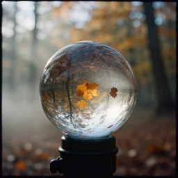 a 3 5 mm lomography photo of wizard with clear glass fresnel ball in the sunshine autumn forest, falling autumn leaves are reflected in the ball, foggy bottom, god rays, ultrasharp, detailed, cinematic