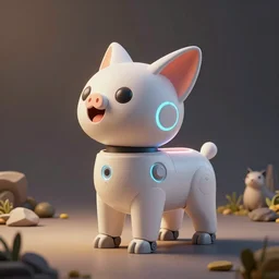 product photo of a futuristic stylized robot pet, minimalistic kindchenschema, by artgerm and greg rutkowski and marc newson and zaha hadid, alphonse mucha, samsung apple webcam, excited playful, matte glossy materials, neon, kitten puppy pig otter fennec inspired. side view, volumetric light, detailed, octane render, midsommar