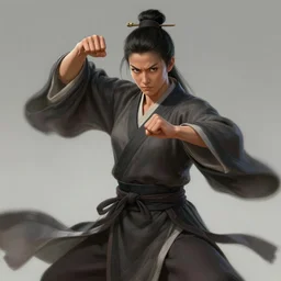 portrait of a female drunken master monk exercising by wlop, wuxia, xianxia, drunken boxing, drunken fist, drunken master, dark olive skin, athletic, playful, beautiful, fully clothed, monk's robe, detailed, realistic, anatomically accurate, fantasy illustration, artstation, wlop.