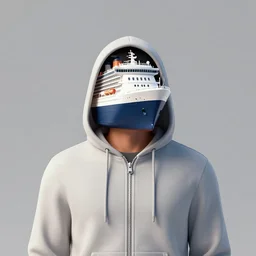 guy in zipped hoodie with a tiny cruise ship as his head coming out from the hood