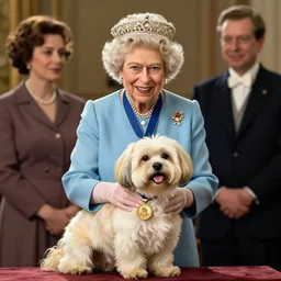 queen of england placing a medal on the neck of a cream - colored havanese dog, england, 1 9 0 0, tartakovsky, atey ghailan, goro fujita, studio ghibli, rim light, happy, warm lighting, clear focus, very coherent