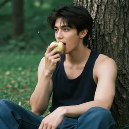 a very handsome young man. sitting against a tree in the forest and eating an apple with a knife.