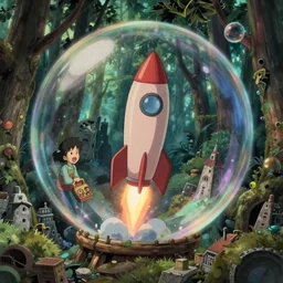 unrealistic interior shot from howls moving castle ( 2 0 0 4 ) of a scientist rocketing out of a bubble in a dense woodland an abandoned city. shouting. cartoon depth of field.