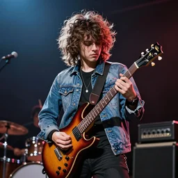 1 9 - year - old boy with shaggy, unkempt, permed hair, double denim, headbanging, playing electric guitar, heavy rock concert, 2 0 2 2 live in concert, streaming 4 k quality
