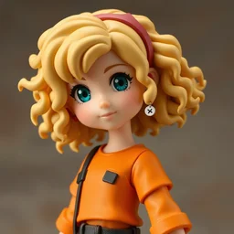 a nendoroid of annabeth chase, a girl with an orange shirt and curly blonde hair