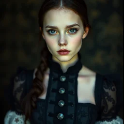 photograph of a young woman wearing a corset dress, 9 0 s goth, dof, sharp focus, highly detailed face, symmetric face, realistic iris, cinestill 8 0 0 t, photography by paolo roversi