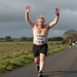 shirtless, hairy, fat, boris johnson running marathon, hands in air