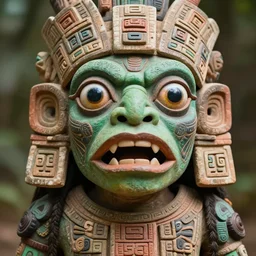 portrait photography of an mayan alien creature, ritualisic mayan, wide giant eyes, green skin, fish - like mouth, detailed face, clear eyes, clear mouth, aztec tatoos, mayan body painting, tenochtitlan, looking towards the camera. high details, demigod.