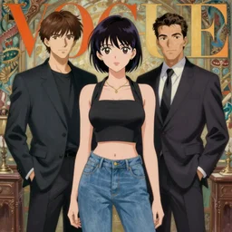anime, fashion, vogue, intricate oil painting, trending on artstation, john singer sargent, greg rutkowski, crop top, blazer, jeans