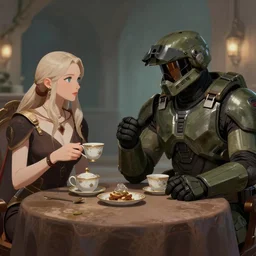 Master Chief and The Prophet of Truth having a tea party, digital art