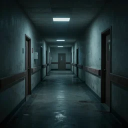concept art of deserted and dimly lit hospital corridor, horror movie