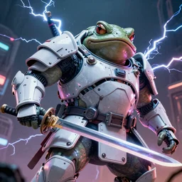a from below wide shot of a huge wide humanoid toad-man with a katana, in a light futuristic armour, open helmet, toad head, cyberpunk, Japanese style, hyper realistic, hyper detailed, sharpened, coherent picture, volumetric lightning, neon, electric colours, Filmic, Cinematic, Dramatic, Film Grain, Kodak Portra, Depth of Field, 15 mm octane render, 4k, raytracing, blender
