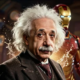 professional hd photoshoot of albert einstein as willy wonka in ironman, amazing splashscreen artwork splash art, detailed face, detailed face, cinematic lighting, league of legends splash art, cinematic lighting, ray tracing, octane render, long lens, bokeh, anamorphic lens flare, 8 k, hyper detailed, 3 5 mm film grain
