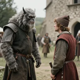 an very old photo of monster staring at a gentleman at the medieval times
