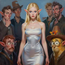 a painting of an female elf wearing a skintight dress with blonde hair and blue eyes. by tooth wu and wlop and beeple and greg rutkowski. trending on artstation, highly detailed, volumetric lightning