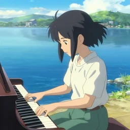Anime girl playing piano on blue water, far away, landscape, scenery, Cushart Krenz, Shinkai Makoto, by Lluluchwan, lots of details, highly detailed, 4k, detailed body