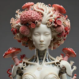 intricate hyper detailed ultra sharp focus front shot 3 d render of a beautiful porcelain ivory afro albino cyborg woman, up close shot, f 2. 8 1 5 0 mm, sharp focus, alexandre ferra, elegant bionic cyberpunk mechanical sci - fi haute couture red mushroom corals, lobed brain corals, fractal mycelum and fungi head ornaments, sinuous roots, octane render, volumetric cinematic lighting, 8 k,